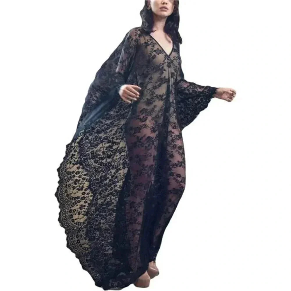 Women Plus Size Lace Beachwear Kaftan Dress Sexy Deep V Neck Long Bikini Bathing